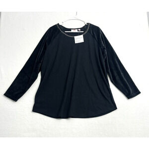 Quacker Factory Rhinestone Embellished Top Size 1X Black Velour Mixed Media New